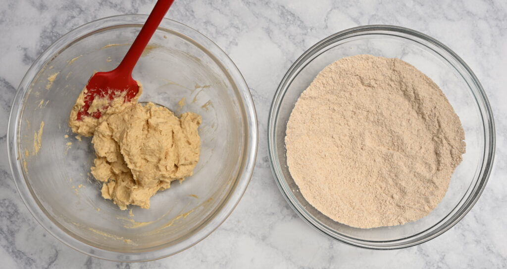 mix graham cracker flour mixture with creamed butter mixture