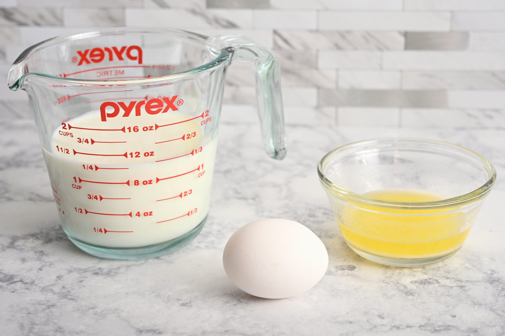 milk, egg, melted butter for easy homemade fluffy pancakes