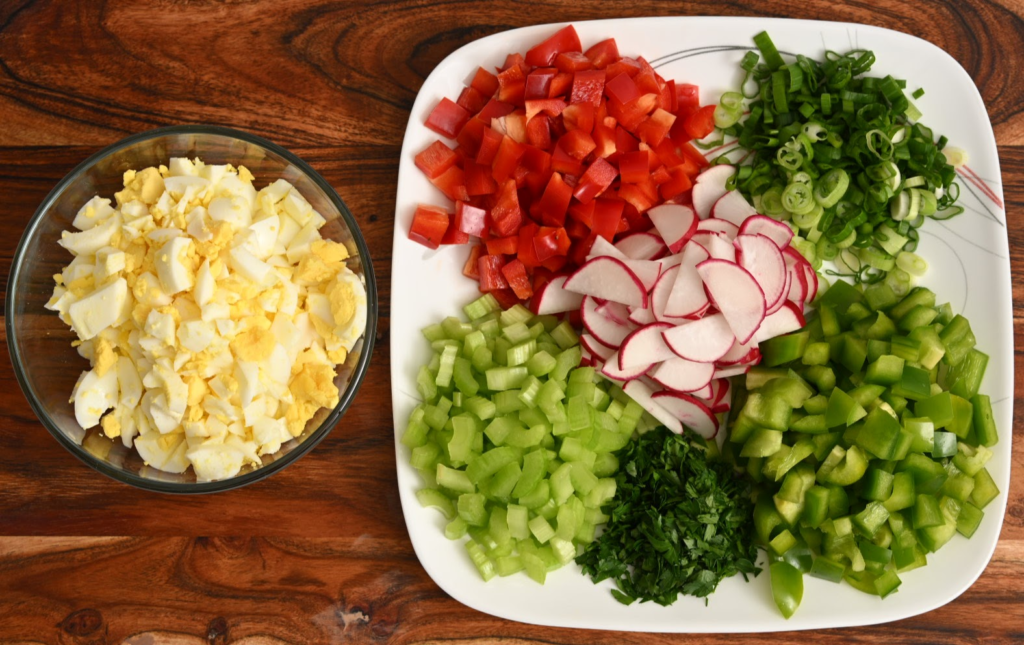 chopped veggies and eggs